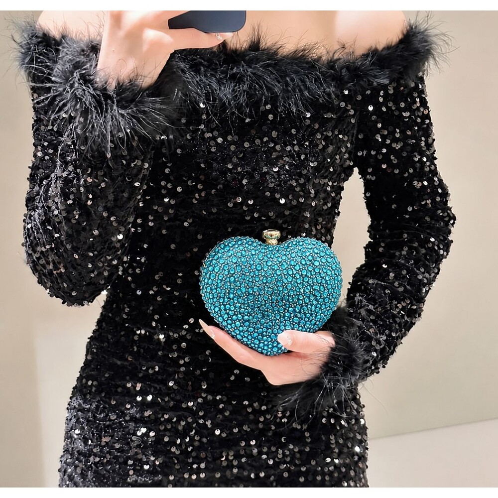 Blue Crystal Heart Clutch Bag Gold Handle Formal Evening Cocktail Purse NEW - Picture 8 of 8